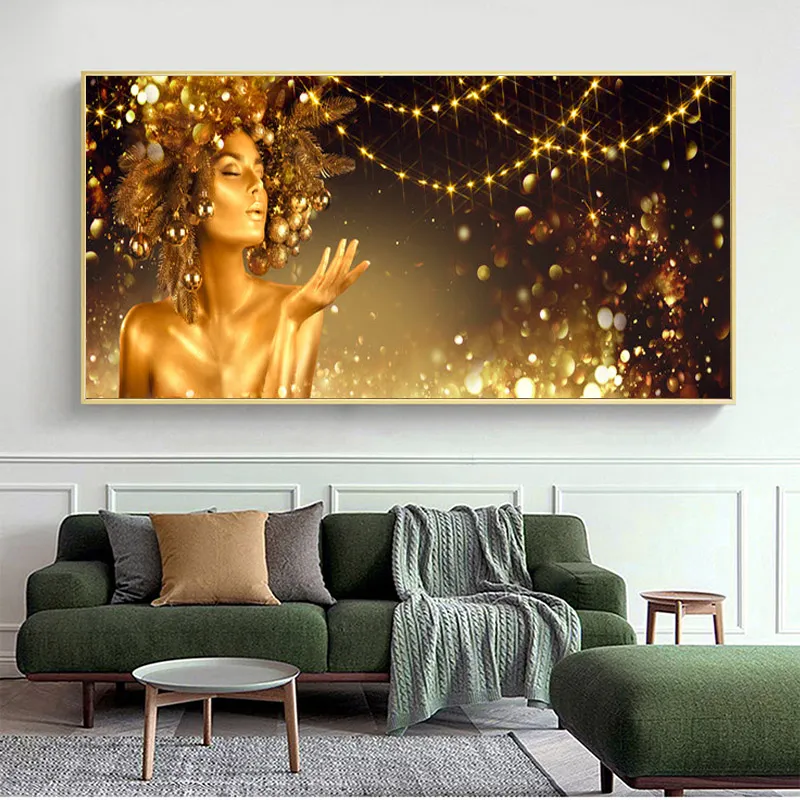 대형 캔버스 그림 아프리카 황금 여자 포스터 벽 아트 초상화 그림 거실 침실 장식에 대 한 HD 인쇄