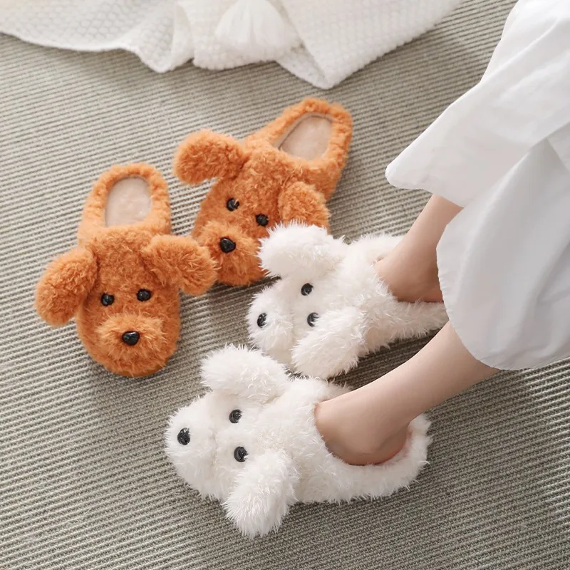 Lifelike 3d Teddy Dog Women Plush Slippers Winter Warm Soft Sole Shoes Men Couples Home Ladies Indoor Bedroom Slip On Fur Slides Y0406