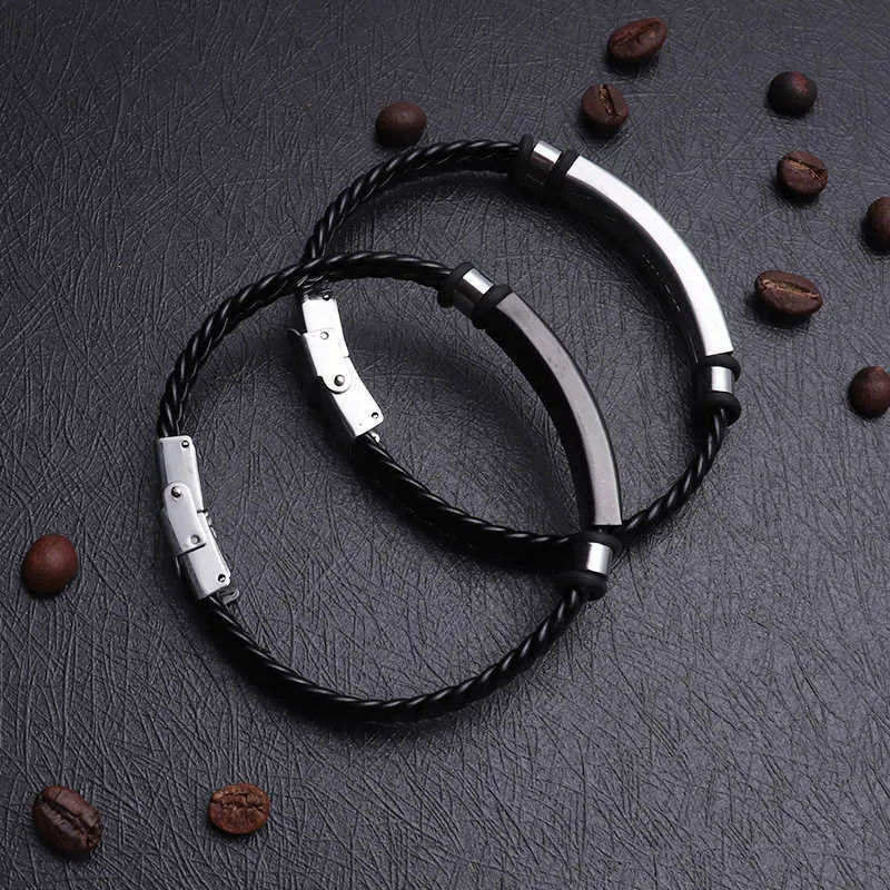 Stainless Steel Blank Id Tags Leather Bangles for Engrave Leather Braid Bracelet with Metal Plate Wholesale Q0722