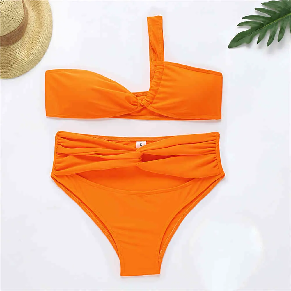 Costume da bagno sexy da donna monospalla Costume da bagno femminile a vita alta Scava fuori Set Costumi da bagno da bagno Swim Lady 210521