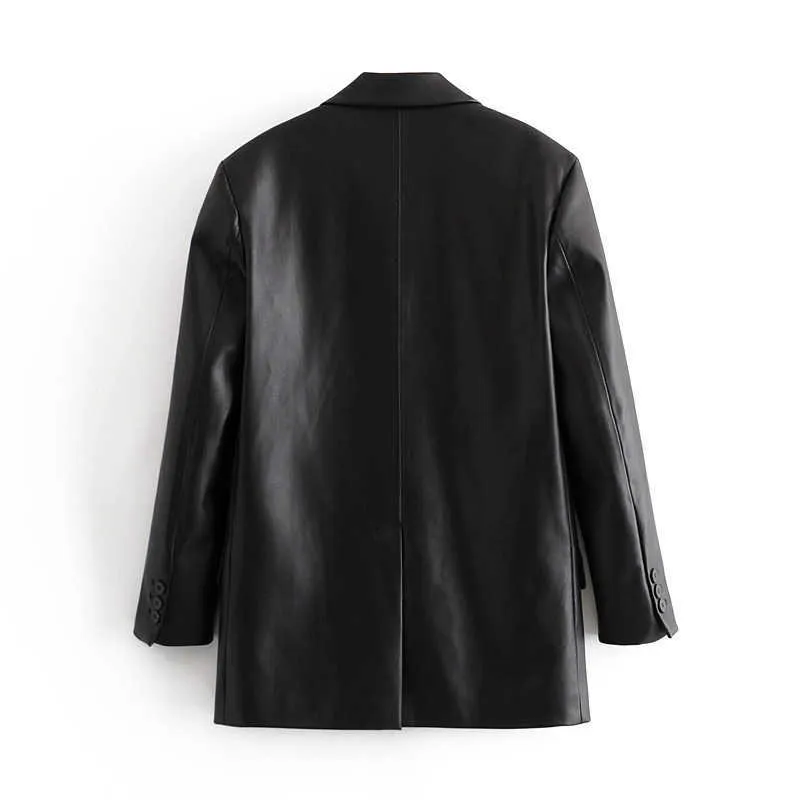 Za Elegant Black PU Blazer Kobiety Casual Z Długim Rękawem Pojedyncze Przycisk Biurowy Kostium Kurtka Zimowa Wiosna Ladies Koreański 211006