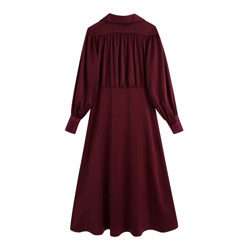Vintage kvinna burgundy v nacke lång klänning mode damer våren solid färg es kvinnlig elegant lös blus 210515