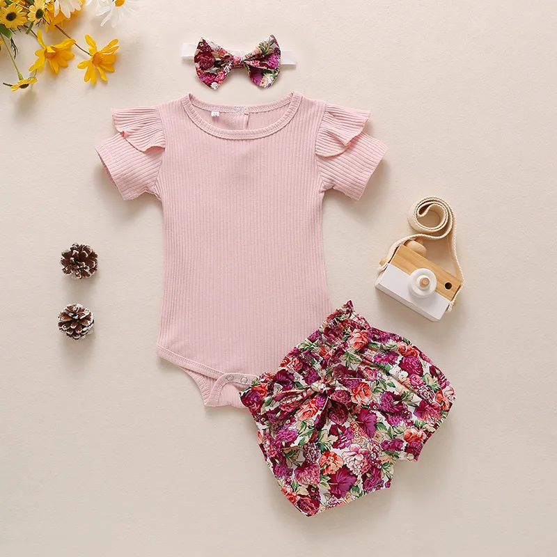 born Cotton Print Outfits Summer Toddler Infant Girl Set Bodysuit+ Striped Shorts+Headband Cute Baby Clothes 210515