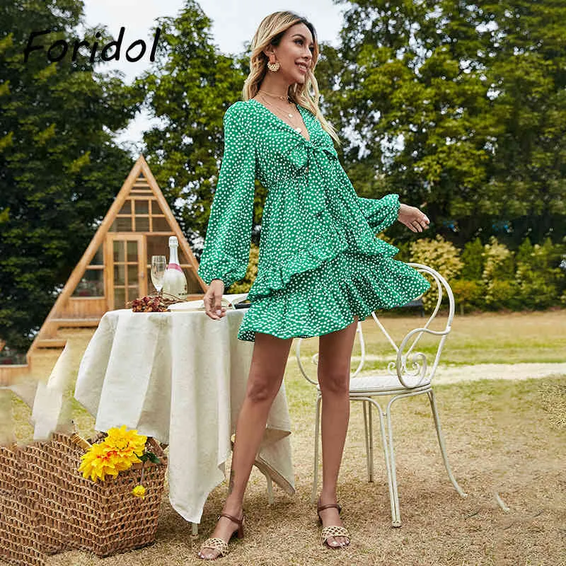 Foridol Abito a pois verde la primavera Autunno Donna Mini abito a maniche lunghe increspato Donna Elegante Boho Beach Vestidos 210415