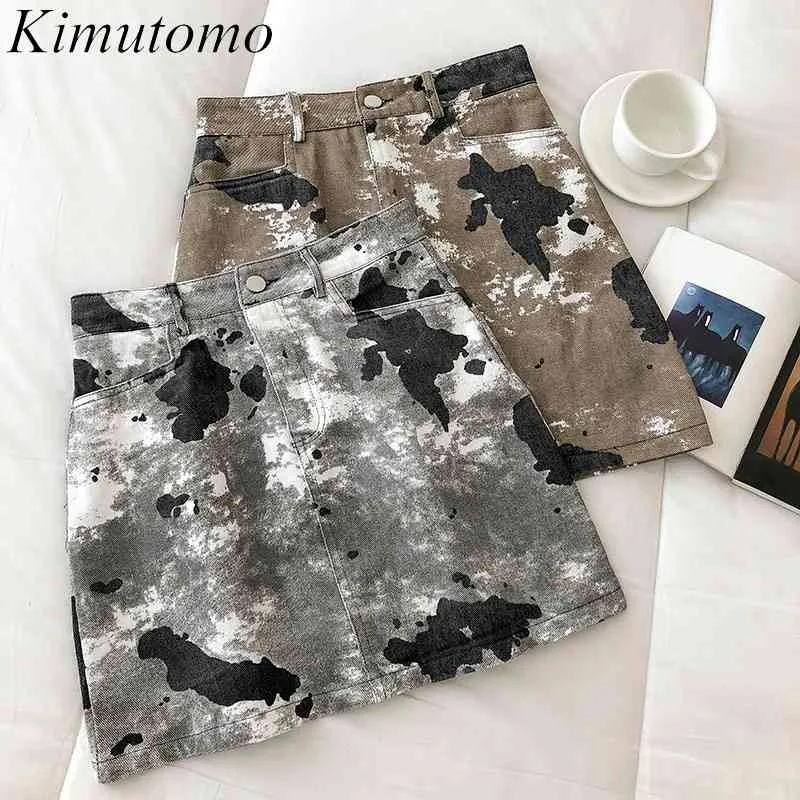 Kimutomo Vintage Fashion Denim Skirt Women Hong Kong Style Tie Dye High Waist A-line Bodycon Ladies Ins Fashion Mini Skirts 210521