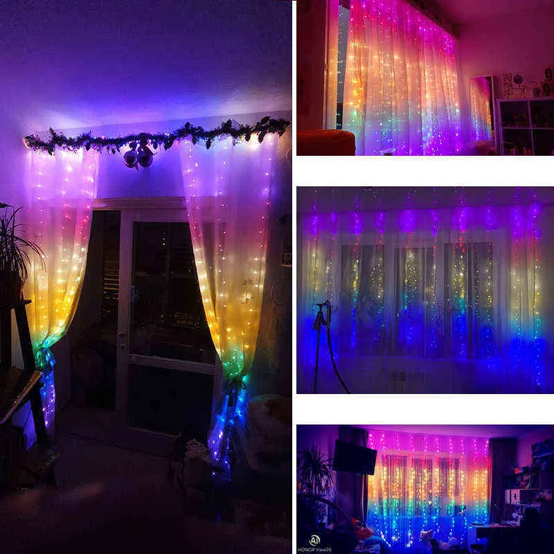 1.5X2M Arc-En-Rideau Lumières LED Chaîne Guirlande Fée Glaçon Lumières Décoratives pour la Fête De Noël Chambre Mur De Mariage Décor 211122