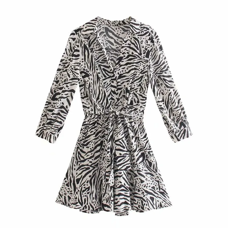 Vuwwwyv Sukienki Dla Kobiet Biały Czarny Zwierząt Print Ruched Ruffle Mini Dress Kobieta Z Długim Rękawem Elastyczna Talia Łuk Knot Vestidos 210430