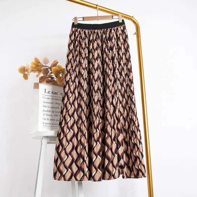 Chiffon Vintage Floral Skirt Women High Waist Print Pleated Long Skirts Spring Summer New Korean Casual Splicing longuette 210415