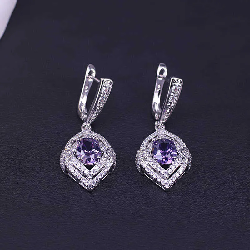 Boucles d'oreilles bague collier ensemble violet zircon cubique couleur argent ensemble de bijoux pour femmes bijoux de mariée mariage/fiançailles ensemble H1022