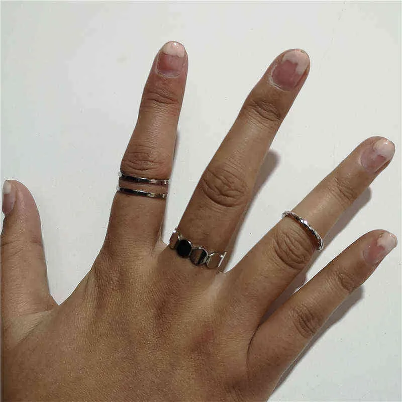 Kpop Goth Punk Geometric Minimalist Opening Adjustable Metal Ring Set For Women Bff Street Grunge Aesthetic Jewelry Accessories G1125