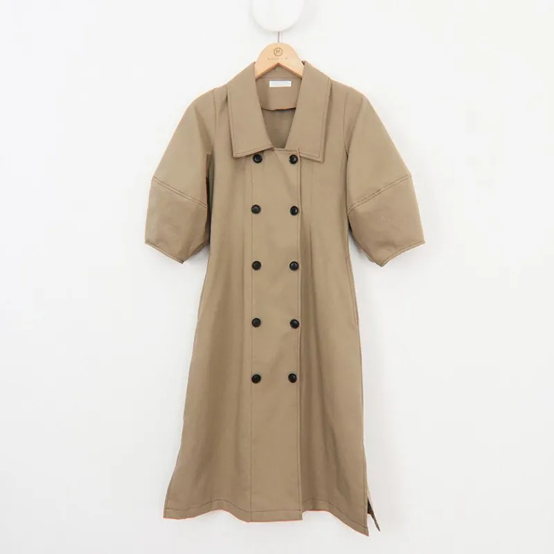 Spring Autumn Women's Jacket French Retro Pure Color Lapel Puff Sleeve Trench Coat Double Breasted Slim Thin Coats LL810 210506