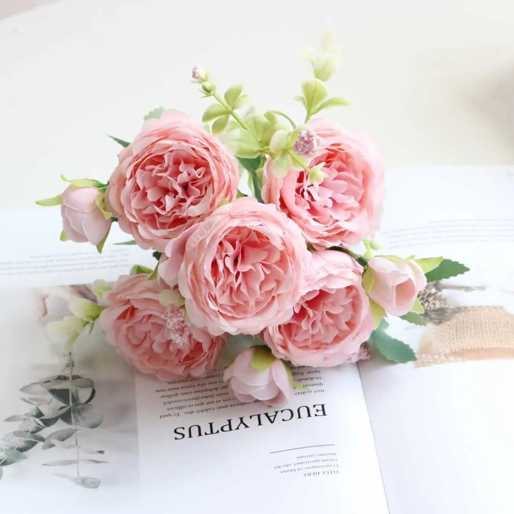 5 Heads Persian Roses Artificial Peony Bouquet Home Wedding Decoration Living Room Table Decoration Fake Flowers Nanairo Y0728