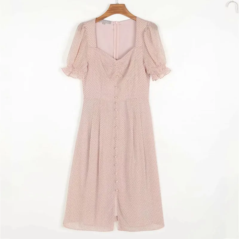 Foridol à pois bouton rose robe d'été femmes Vintage en mousseline de soie Maxi longue robe robes de goutte pour les femmes robe fendue 210415