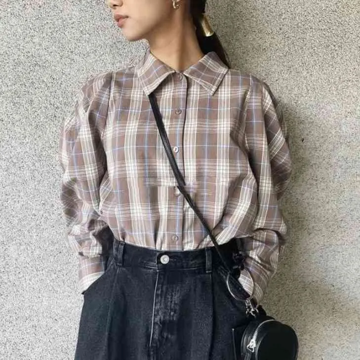 Spring Comfortable Plaid Long Sleeve Blouses Women Chic Puff Sleeve Design Ladies Tops All-match Button Up Shirt 210514