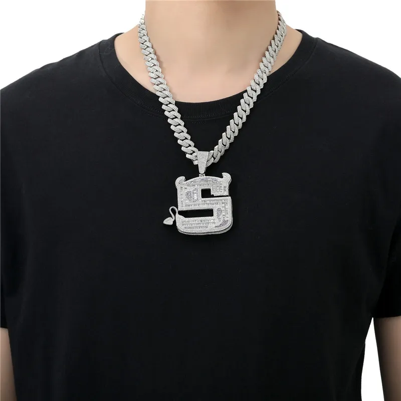 Pendentif petit diable en Zircon glacé, grande taille, lettre S, Hip Hop, collier scintillant, bijoux cadeau 261S