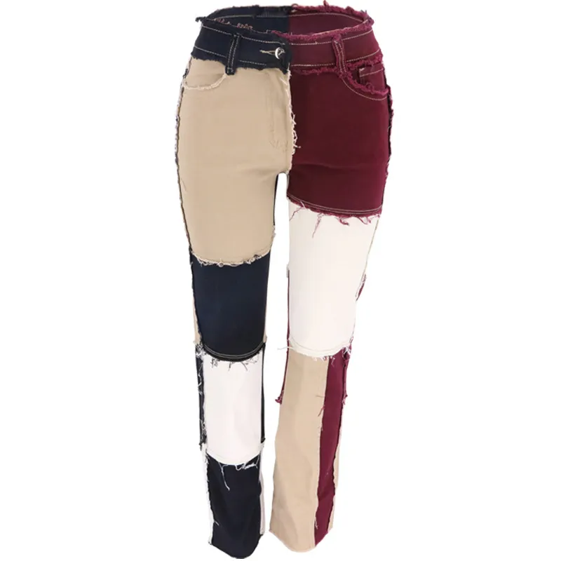 Пэчворк Берр тощий прямая нога джинсы женщина хип-хоп высокая талия джинсовые брюки сексуальные белые черные цветные блок старинные уличные 210517
