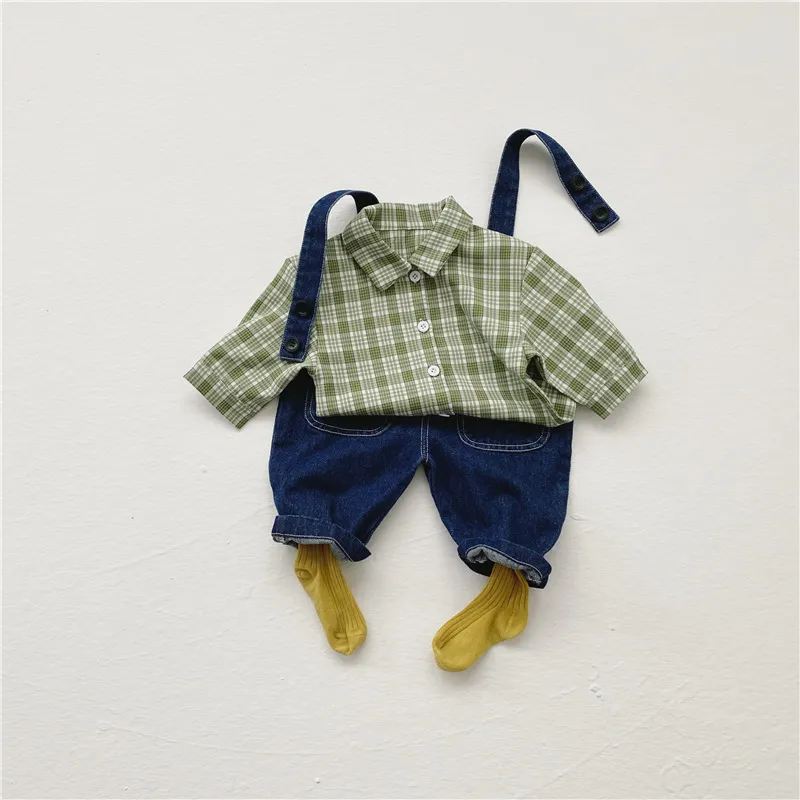 Printemps Nouveaux Enfants Bébé Vêtements Ensemble Garçons Jeans Longs Infant Toddler Filles Denim Salopette Ensemble Chemises À Carreaux Pantalon 210413