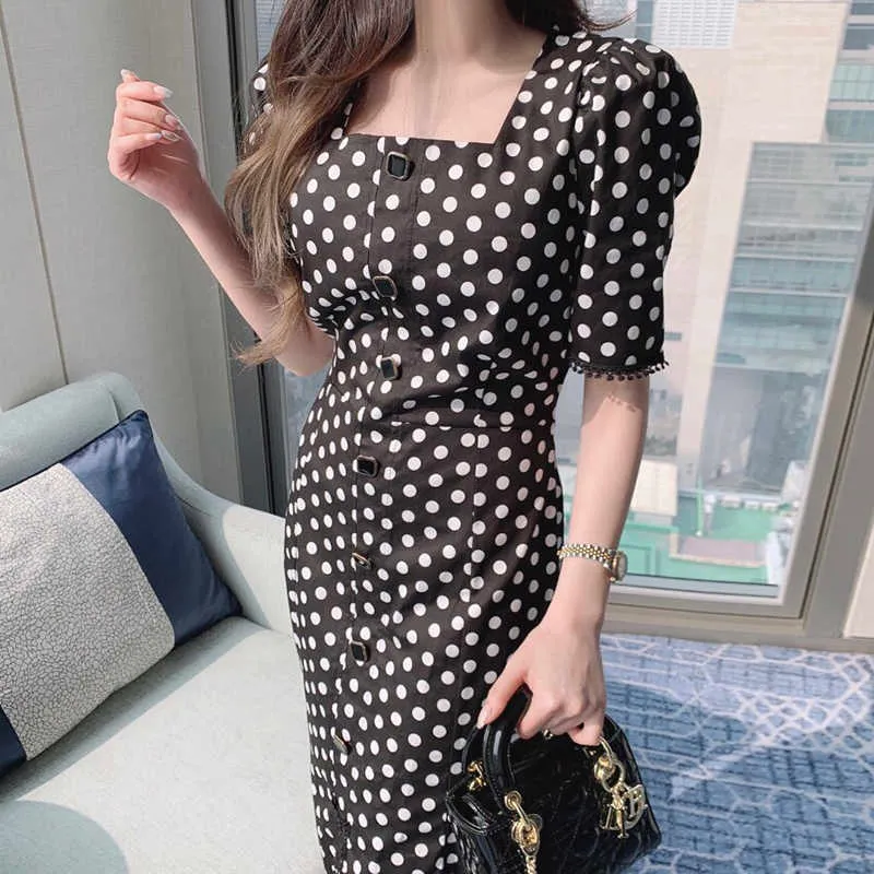 Korejpaa Frauen Kleid Sommer Koreanische Chic Damen Elegante Temperament Quadrat Kragen Mit Fransen Polka Dot Split Fischschwanz Vestidos 210526