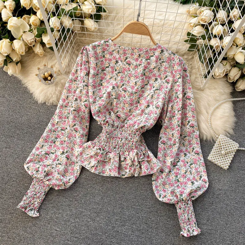 Elegant retro sweet gentle floral blouse women shirt cross V-neck tops puff sleeve elastic waist 210420