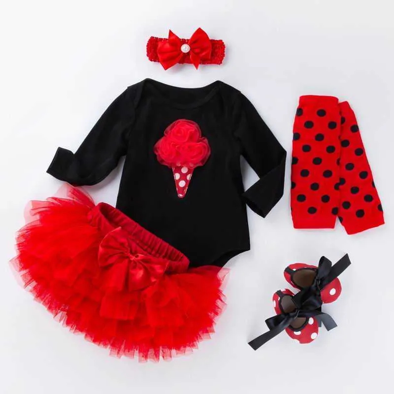 Baby Mädchen Geburtstag Sets Strampler Body + TUTU Rock + Socken + Schuhe + Stirnband Baumwolle 5 stücke Outfits geboren Kleidung YK021 210610