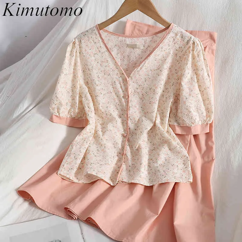 Kimutomo Süße Mädchen Zweiteiliges Set Sommer Koreanischer Breasted V-Ausschnitt Puff Kurzarm Blumenhemd + Slim Solid Rock Weiblich 210521