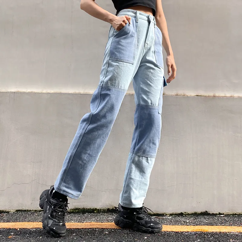 Patchwork rakt ben jeans kvinna hög midja denim byxor sexig färg block vintage blå brun streetwear byxor 210524
