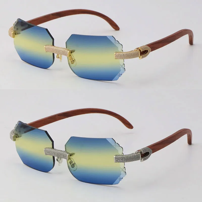Whole New Micro-paved Rimless Luxury Diamond Set Sunglasses Wood Sun Glasses Rocks Wooden Eyeglasses Frame Male and Female C D2202