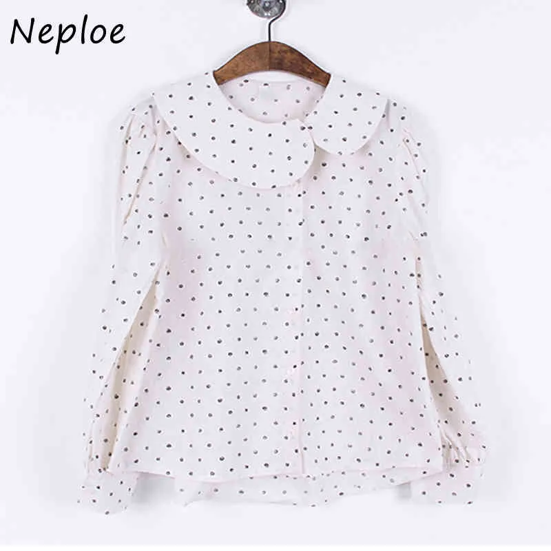 Neple Peter Pen Collar Pullover Långärmad Blus Kvinnor Arbetsstil Ol Dot Blusas Spring Loose Shirt Feminino All Match 210422