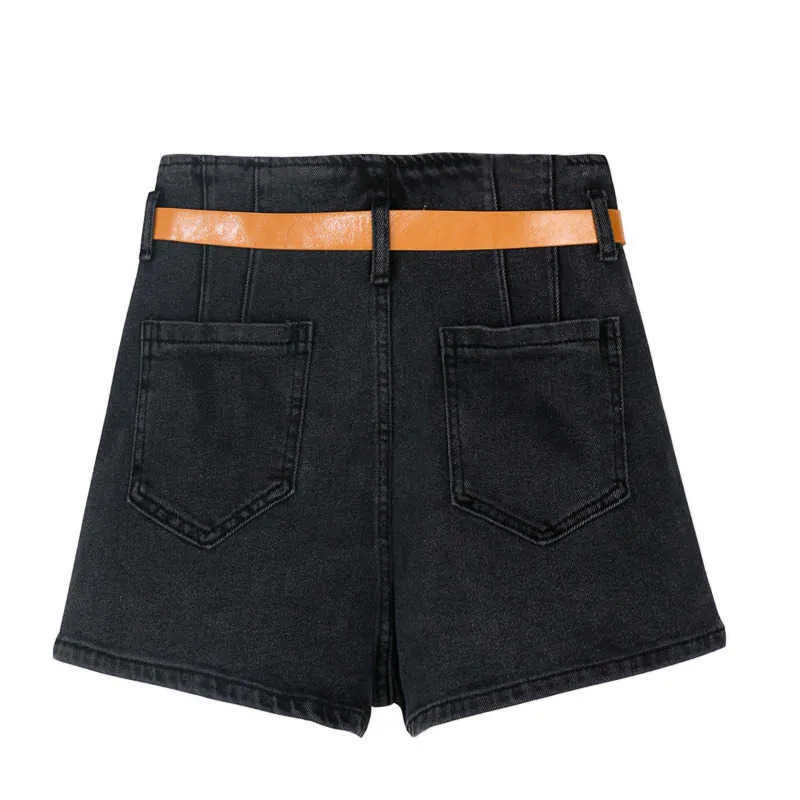 [Dekad] sommar mode hög midja solid färg sashes a-line lösa temperament kvinnor brett ben denim shorts 13q071 210527