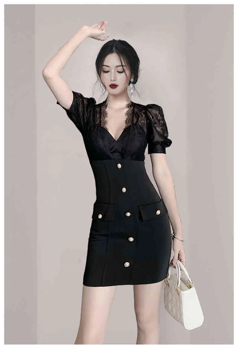 Korea Chic Sexy See Through Lace Patchwork V-Neck Puff Sleeve Bodycon Klänning Elegant Office Ol Sheath Dress Vestidos 210518