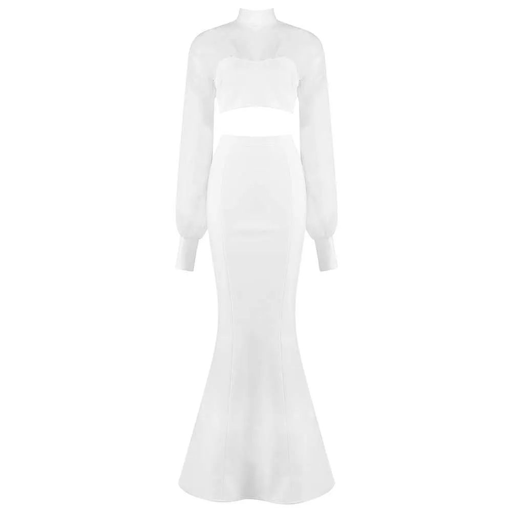 Ocstrade Sexy Mesh 2 Stück Anzüge Bandage Kleid Frauen Langarm Zwei Stücke Anzug Weiß Abend 210527