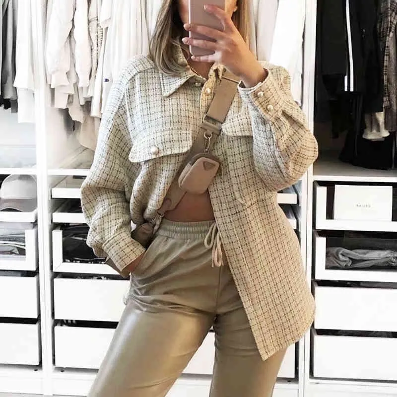 Streetwear manches longues lâche dames vestes Casual plaid femmes chemisier manteau Boutons poches femme mélange manteaux jakets 210508