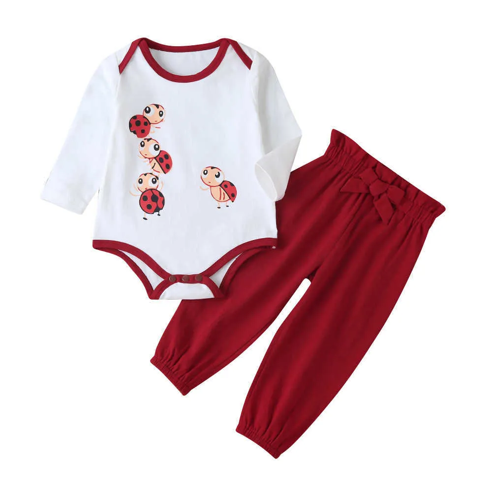 Bambini invernali imposta manica lunga stampa pagliaccetti del fumetto pantaloni rossi con fiocco solido carino 2 pezzi vestiti ragazze 0-2T 210629