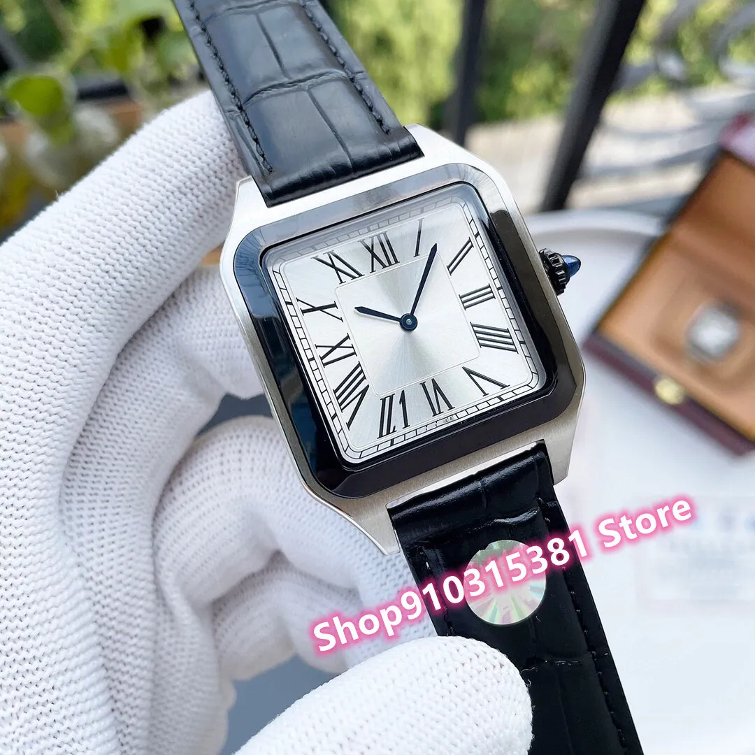 Luxury Men Stainless Steel Quartz Watch Silver White Rome Dial Black Bezel clock Male Grey Leather Geometric Square Watches 46mm