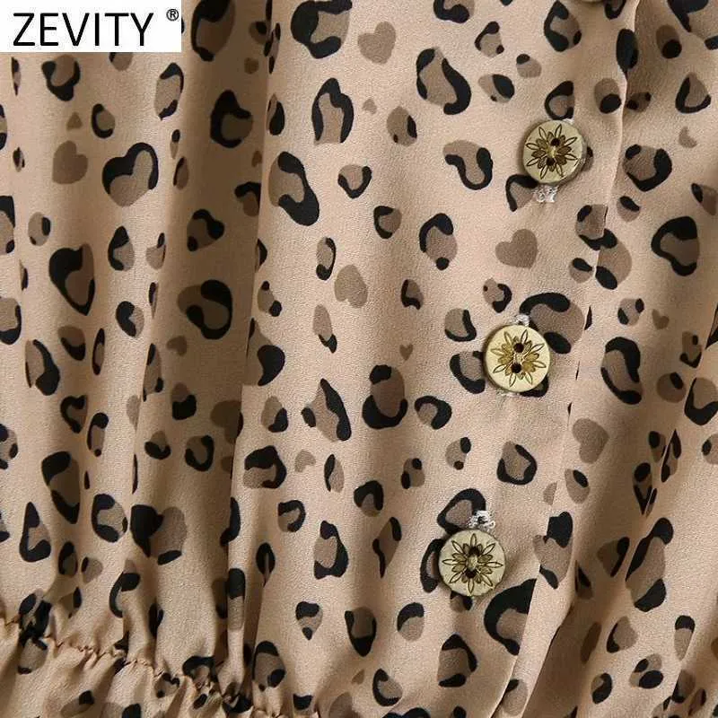 Zevity女性ヴィンテージVネックヒョウプリント裾フリルミニドレスフェムフパフスリーブプリーツフリルヴィステドシックドレスDS5073 210603