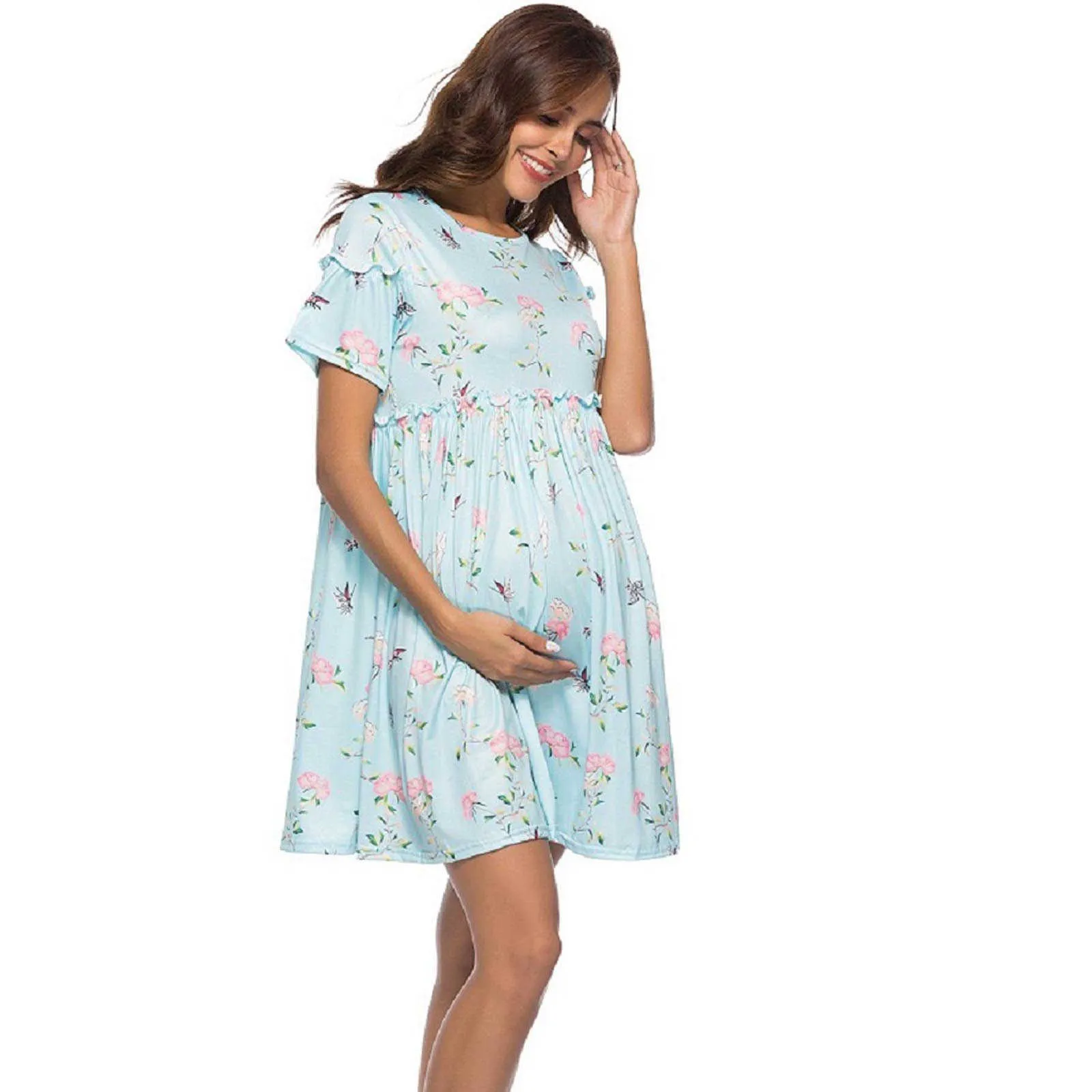 Abiti in gravidanza Donna Casual Abbigliamento donna Tromba Manica corta Fiori Carro armato maternità Mini abito abiti mujer verano 2021 Q0713