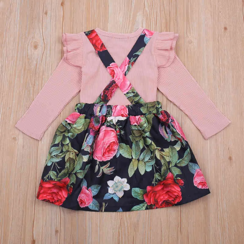 Vêtements pour bébés filles Printemps Automne Ensembles Chemise à manches longues + Robe à bretelles à fleurs Ensemble pour enfants Mignons Enfants 210515