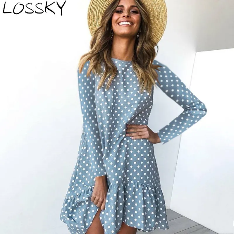 Femmes Automne Polka Dot Mini Robe Casual Manches Longues Col Rond Lâche Volants Vague Point Boho Plage Mince Robes Courtes 210507