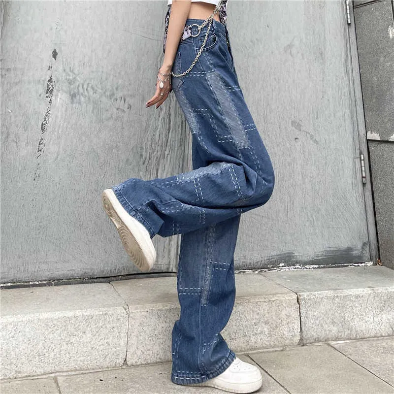 Yedinas Vintage Color Patchwork Mom Jeans Boyfriend a vita alta le donne Pantaloni larghi neri Pantaloni a gamba larga 210527