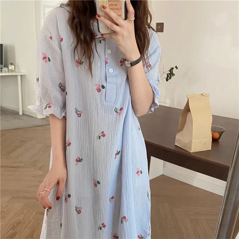 Zomerjurk Lange Borduurwerk Pyjama Sweet Nightdress Printing Chic Casual Homehear losse tweedelige pak Sets 210525