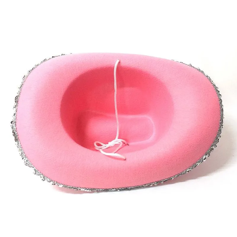 Sombreros de ala tacaña Vaquera rosa para mujer Chica de vaca con cuello de tiara Cuerda de fieltro Accesorios de disfraz de vaquero Sombrero de fiesta Vestido de juego 293O