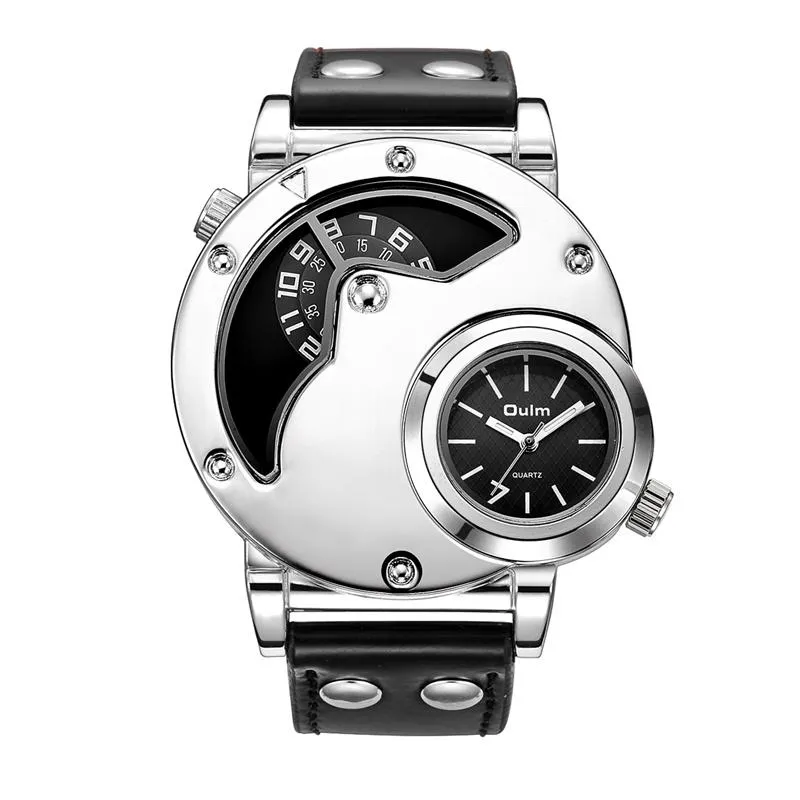 Oulm moda srebrna obudowa męskie zegarki podwójna strefa czasowa PU skórzana ręka
