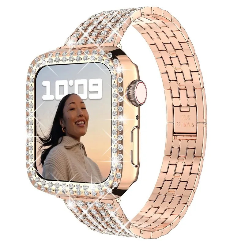 Caso + Correa de diamante para Apple Watch Band 40mm 41mm 38mm 45mm 44mm 42mm 38mm Metal reloj de reloj Serie 3 4 5 6 Se 7 Pulsera 220214