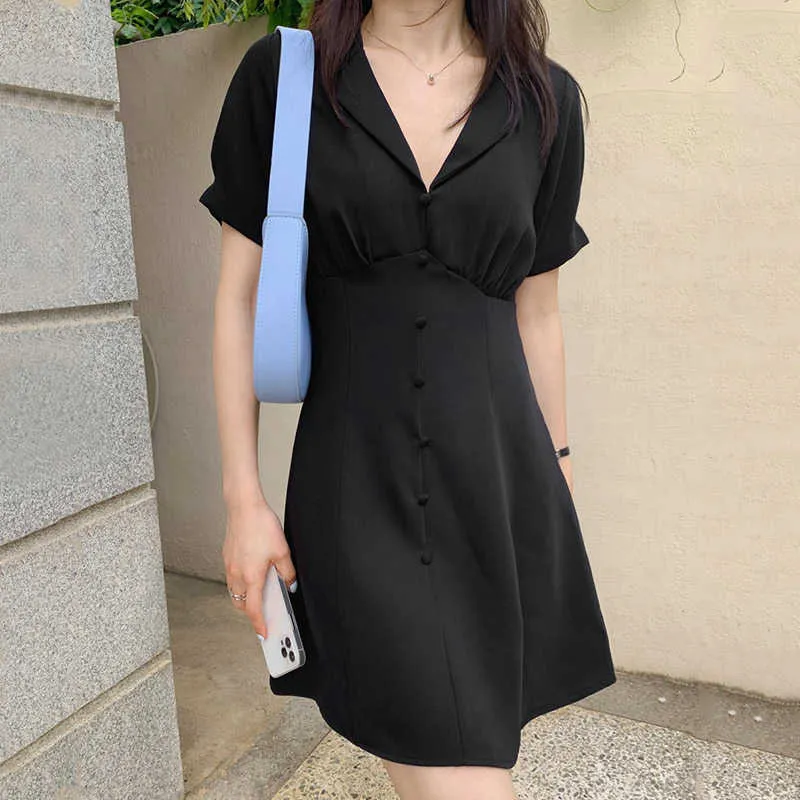 Korejpaa vestido de mujer verano coreano elegante temperamento traje cuello ribete de un solo pecho cintura delgada manga de hojaldre vestidos 210526