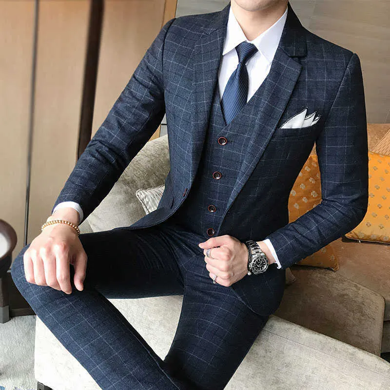 Homens vestido de noiva traje formal ternos azul xadrez fino fino jaquetas + colete + calças tamanho grande novo macho único ternos de peito x0909