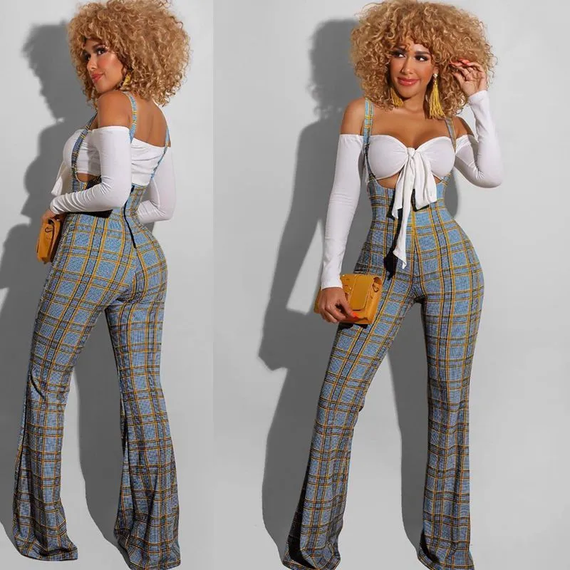 ZKYZWX Fall Two Piece Overalls Women Set Off Shoulder Bandage Tops Fashion Plaid Sling Bodycon Jumpsuit Night Club Outfits Suits X0428