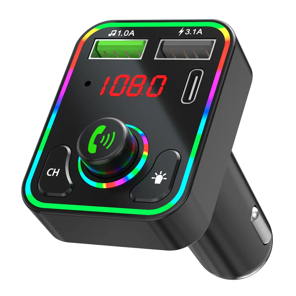 F3 Bluetooth Car Kit USB-Typ-C-Ladegerät FM-Transmitter TF MP3-Player mit RGB-LED-Hintergrundbeleuchtung Drahtloser FM-Radio-Adapter Freisprecheinrichtung für Telefon