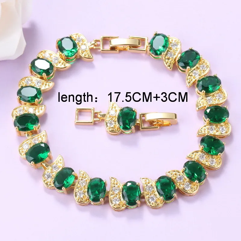 Luxurious Gold Color Dubai Jewelry Green Cubic Zirconia Charm Bracelet Necklace And Earrings Sets For Women Gift