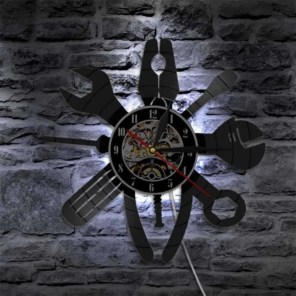 Strumenti la riparazione dell'idraulico Luci notturne a LED Orologio da parete da registrazione Illustrazione Garage Wall Art Orologio Lampada da parete a sospensione esclusiva X07268723845