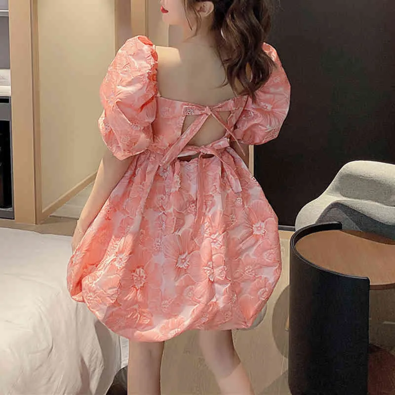 Été femmes élégant doux rose blanc Jacquard dos nu manches bouffantes col carré robe de bal robe courte D3042 210514